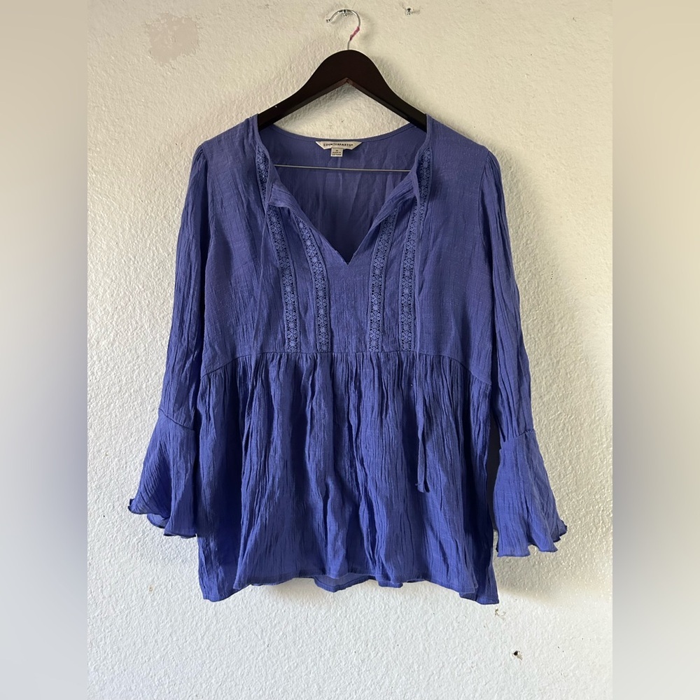 Counterparts Blue Whimsical Bell Sleeve Blouse Embroidered Medium Fairy Cottage